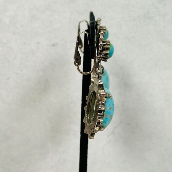 Womens Earrings Blue Stone Cabochon Silver Tone 1.75" Western Clip On Jewelry - Picture 6 of 11